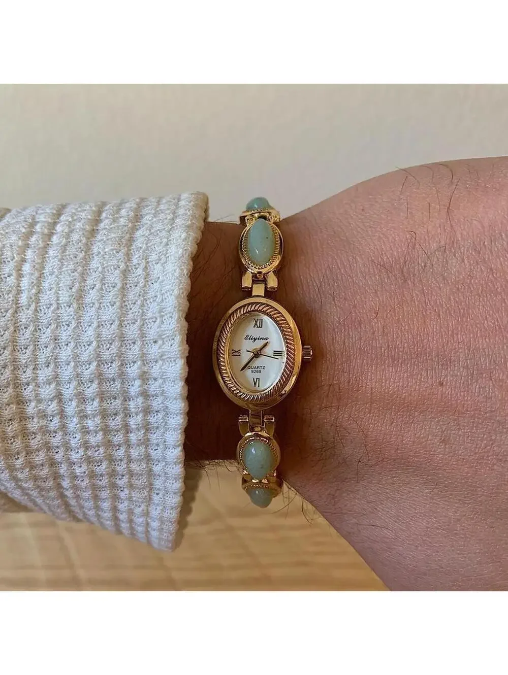 Y2K Gold Green Dainty Quartz Opal Jade Watch 8 Inch Unisex